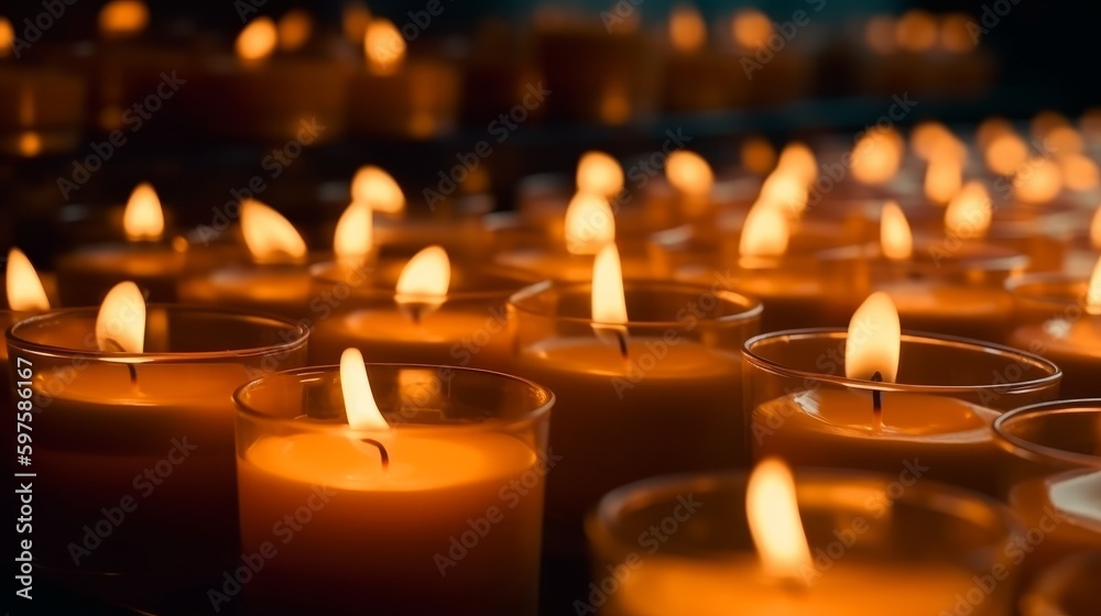 Poster Many burning candles with shallow depth of field. Generative ai