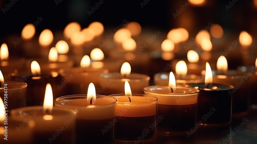 Poster Many burning candles with shallow depth of field. Generative ai