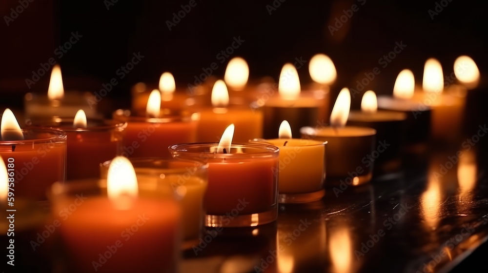 Poster Many burning candles with shallow depth of field. Generative ai