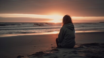 Fototapeta premium Lonely woman thinking about life on a beach at sunset. Generative ai