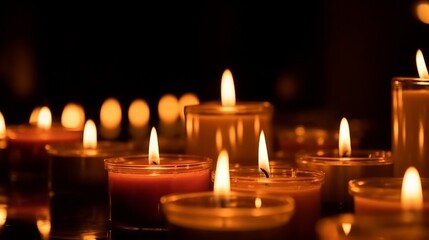 Many burning candles with shallow depth of field. Generative ai