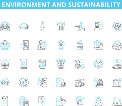 Environment and sustainability linear icons set. Conservation, Biodiversity, Climate, Renewable, Organic, Pollution, Forests line vector and concept signs. Habitat,Ecosystem,Greenhouse outline
