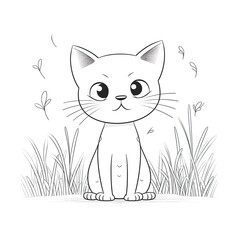 Kids coloring page of a cat on the grass that is blank and downloadable for them to complete. Hand drawn cat outline illustration. Animal Doodle outline realistic illustration. Creative AI