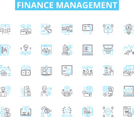 Finance management linear icons set. Budgeting, Accounting, Investments, Income, Expenses, Reporting, Analysis line vector and concept signs. Forecasting,Analytics,Cashflow outline illustrations