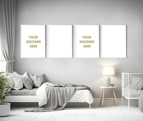 wall art mockup, kids nursery mockup wall art, play room, bedroom Mock up frame, boho style,  Scandinavian style, cozy nursery background with mock up of a wall, room, generative ai