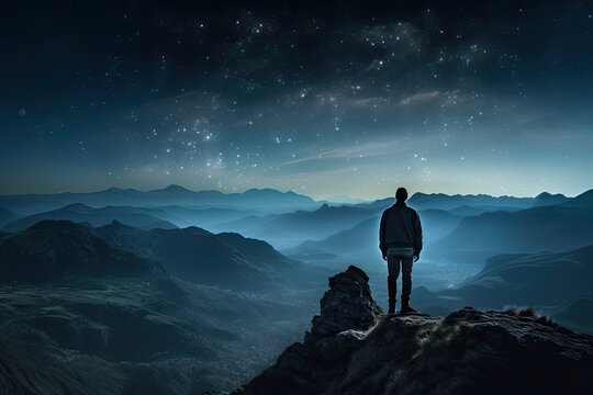 man on mountain watching milky way sky over the mountains Generative AI