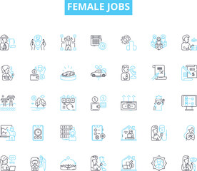 Female jobs linear icons set. Nurse, Teacher, Engineer, Entrepreneur, Scientist, Doctor, Lawyer line vector and concept signs. Graphic designer,Writer,Marketer outline illustrations