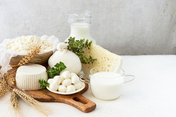 Fresh dairy products (milk,  feta, cottage cheese, Mozzarella,yogurt, Buratta, cottage cheese).Symbols of jewish holiday - Shavuot	