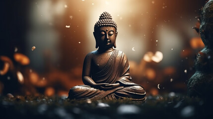Buddha statue with golden bokeh background. Generative AI
