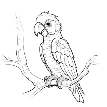 recommend clip art: Kids coloring page of a parrot on the tree that is blank and downloadable for them to complete. Hand drawn parrot outline illustration. Animal doodle outline realistic illustration. Creative AI