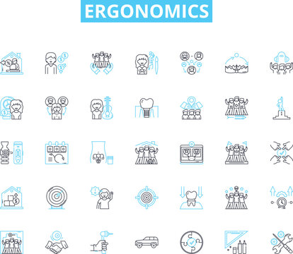 Ergonomics linear icons set. Comfort, Posture, Health, Efficiency, Safety, Productivity, Design line vector and concept signs. Workstation,Alignment,Adjustment outline illustrations