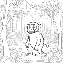 Kids coloring page of a monkey in the forest that is blank and downloadable for them to complete. Hand drawn monkey outline illustration. Animal doodle outline realistic illustration. Creative AI