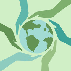 Different nationality's hands hold and protect the earth, and globes. Hands protect the Earth. Earth Day. Vector illustration in flat cartoon style.