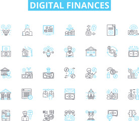 Digital finances linear icons set. Cryptocurrency, Blockchain, Fintech, Mobile payments, E-wallets, Online banking, Contactless line vector and concept signs. Digital currency,Bitcoin,Decentralized