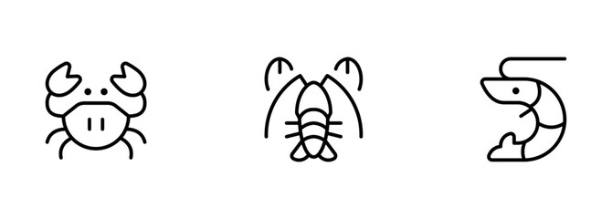 Shellfish icon such icons as Shrimp, Prawn ,Oyster, Squid, Crab vector and illustration, graphic, editable stroke. Suitable for website design, logo, app, template, and ui ux.	