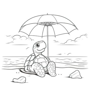 Kids coloring page of a turtle on the beach that is blank and downloadable for them to complete. Hand drawn turtle outline illustration. Animal doodle outline realistic illustration. Creative AI