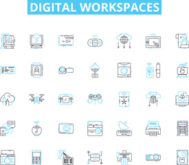 Digital workspaces linear icons set. Productivity, Collaboration, Innovation, Accessibility, Efficiency, Flexibility, Integration line vector and concept signs. Streamlining,Organization,Security