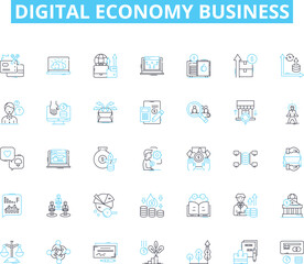 Digital economy business linear icons set. Innovation, E-commerce, Startup, Cryptocurrency, Blockchain, Automation, Big data line vector and concept signs. Cybersecurity,Internet,Mobile outline