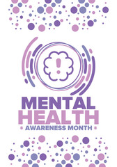Mental Health Awareness Month in May. Annual campaign in United States. Raising awareness of mental health. Control and protection. Prevention campaign. Medical health care design. Vector illustration