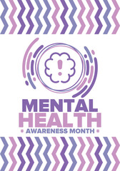 Mental Health Awareness Month in May. Annual campaign in United States. Raising awareness of mental health. Control and protection. Prevention campaign. Medical health care design. Vector illustration