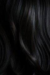 A closeup view of a bunch of shiny straight black hair in a wavy curved style. Generative AI