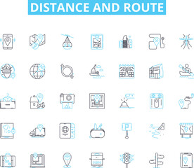 Distance and route linear icons set. Navigation, Direction, Journey, Route, Travel, Path, Distance line vector and concept signs. Mileage,Wayfinding,Navigation outline illustrations