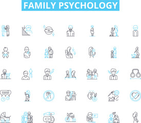 Family psychology linear icons set. Attachment, Communication, Conflict, Cohesion, Development, Dynamics, Emotion line vector and concept signs. Family,Harmony,Identity outline illustrations
