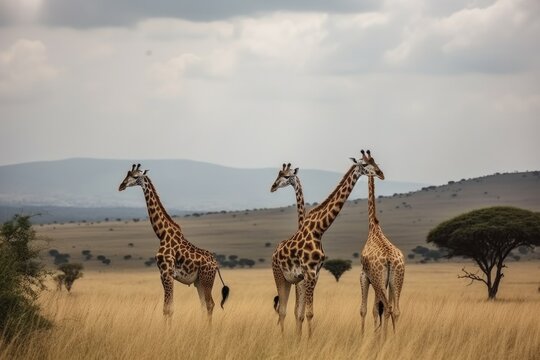 Majestic wild giraffes roaming in the African savannah of Tanzania's Serengeti National Park. Image Generated by AI