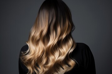 Obraz premium Woman from the back with balayage ombre hair dye technique, featuring a gradual transition from darker roots to lighter ends - Generative AI