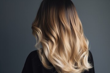 Fototapeta premium Woman from the back with balayage ombre hair dye technique, featuring a gradual transition from darker roots to lighter ends - Generative AI