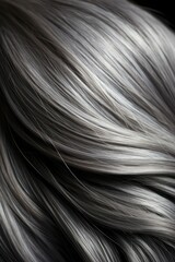 Naklejka premium A closeup view of a bunch of shiny straight gray hair in a wavy curved style. Generative AI
