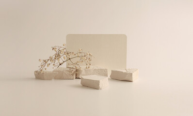 Texture stone platform eco podium and empty card on gray beige  background. Minimal still life display product presentation scene.