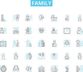 Family linear icons set. Love, Bond, Unity, Belonging, Support, Trust, Loyalty line vector and concept signs. Care,Kindness,Communication outline illustrations