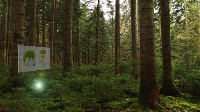 Futuristic display screen with ecology icons inside green forest