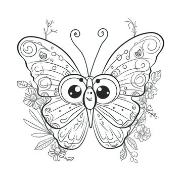 Kids coloring page of a happy butterfly with flowers that is blank and downloadable for them to complete. Hand drawn butterfly outline illustration. Doodle outline realistic illustration. Creative AI