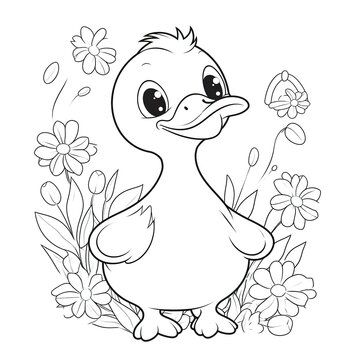 Kids coloring page of a duck with flowers that is blank and downloadable for them to complete. Hand drawn duck outline illustration. Animal Doodle outline realistic illustration. Creative AI