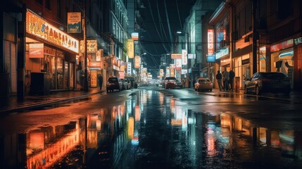 empty city street in neon illuminated signboards and lanterns on a rainy night. Generative AI
