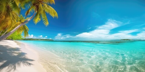 Beautiful tropical island with palm trees and beach panorama. Generative AI