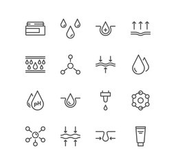 Set of skin care related icons, moisture cream, anti wrinkle, serum, ceramide, collagen, acid, sunscreen linear variety vectors.
