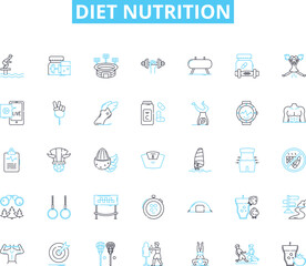 Diet nutrition linear icons set. Protein, Carbohydrates, Minerals, Vitamins, Fiber, Nutrients, Antioxidants line vector and concept signs. Omega-,Superfoods,Detox outline illustrations