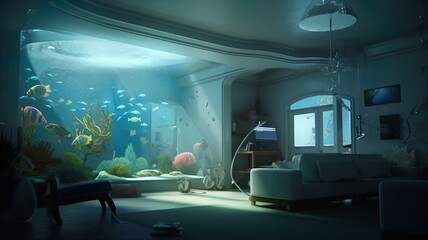 house interior in the cane with aquarium