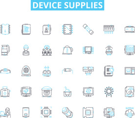 Device supplies linear icons set. Adapters, Batteries, Cables, Chargers, Docks, Earphs, Flashlights line vector and concept signs. Gloves,Headphs,Hubs outline illustrations