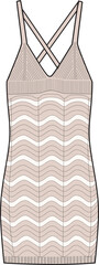 Women's Crochet Mini Knit Dress. Technical fashion illustration. Front, natural color. Women's CAD mock-up.