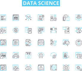 Data science linear icons set. Analytics, Algorithms, Big Data, Clustering, Correlation, Data Mining, Decision Trees line vector and concept signs. Deep Learning,Forecasting,Hadoop outline