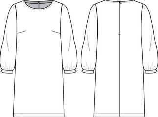 Women's Balloon Sleeve Mini Dress- Technical fashion illustration. Front and back, white color. Women's CAD mock-up.