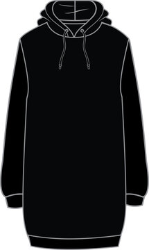 recommend clip art: Women's Hooded Sweatshirt Mini Dress. Technical fashion illustration. Front, black color. Women's CAD mock-up.