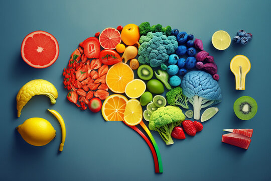 Colorful Collage showing the power of health eating, Brain Food, Fruits, Healthy Nutrition 
