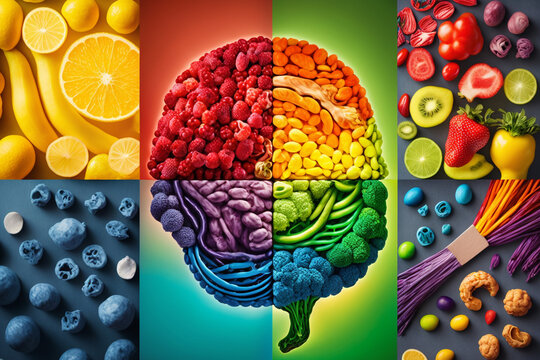 Colorful Collage showing the power of health eating, Brain Food, Fruits, Healthy Nutrition 
