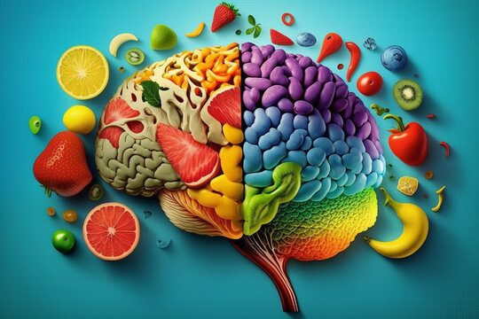 Colorful Collage showing the power of health eating, Brain Food, Fruits, Healthy Nutrition 