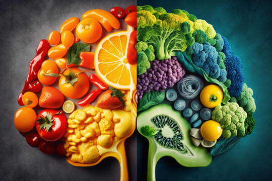Colorful Collage showing the power of health eating, Brain Food, Fruits, Healthy Nutrition 